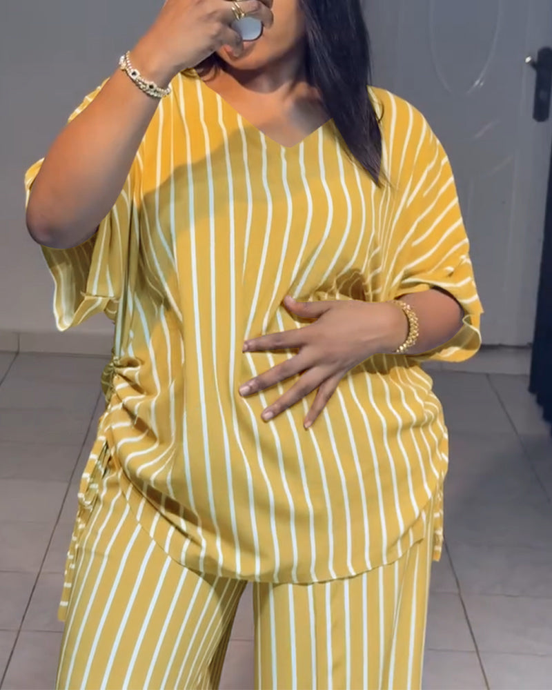 Women's Striped 2 Piece Outfits V Neck Short Sleeve Drawstring Top and Wide Leg Pants Set with Pockets - Image 6