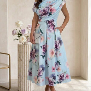 Women's Skew Neck Midi Dress Elegant Ruched Floral A-Line Dress High Waisted Vacation Dress with Pockets