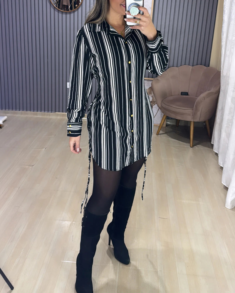 Women's Striped Shirt Dress Button Down Long Sleeve Shirred Waist Casual Dress - Image 6