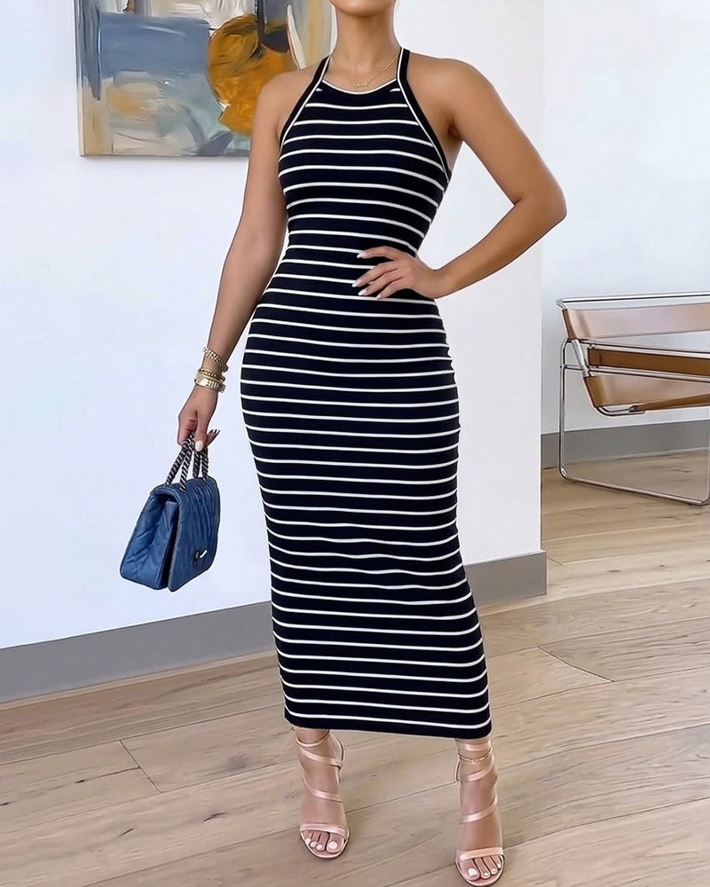 Women's Striped Halter Maxi Dress Sleeveless Ribbed Knit Dress Elegant Back Slit Slim Fit Casual Sundress - Image 3