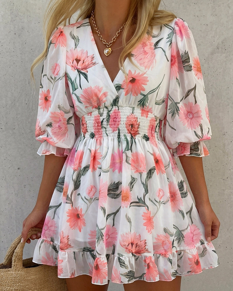 Floral Print Overlap Deep V-Neck Half Sleeve Shirred Waist A Line Dress Casual Flared Cuffs Ruffle Hem Chiffon Dress - Image 3