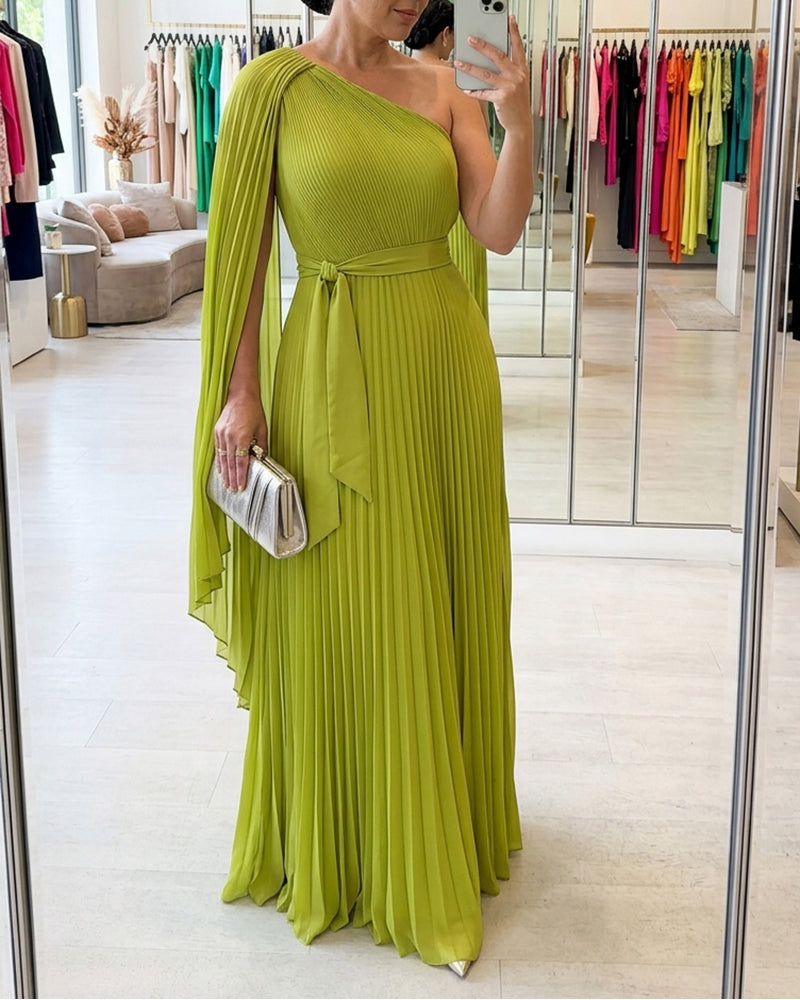 CHICME Women's One-Shoulder Pleated Maxi Dress Asymmetric Draped Cape Sleeve Twist Front Party Dress Elegant High-Waist Evening Dress - Image 3