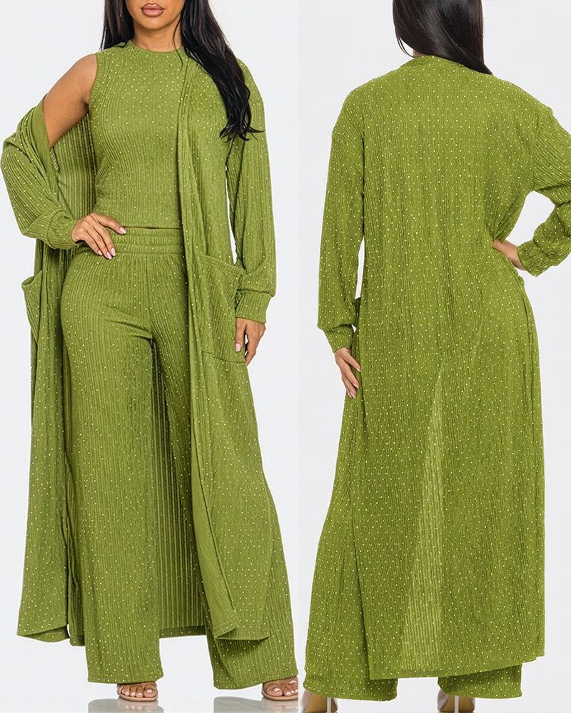 3 Pieces Outfits Cozy Comfort Glitter Long Sleeve Longline Coat and Cropped Ribbed Knit Tank Wide Leg Pants Set - Image 6