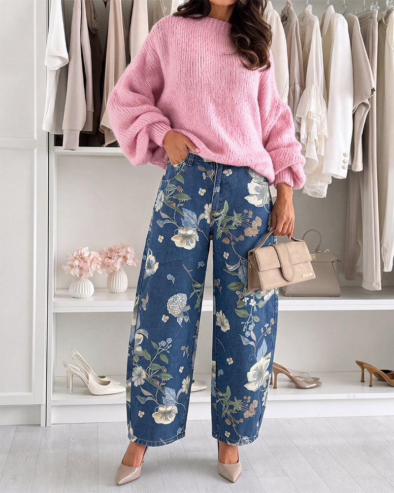 Women's Floral Printed Jeans High Waisted Barrel Denim Pants Vintage Relaxed Trousers - Image 3