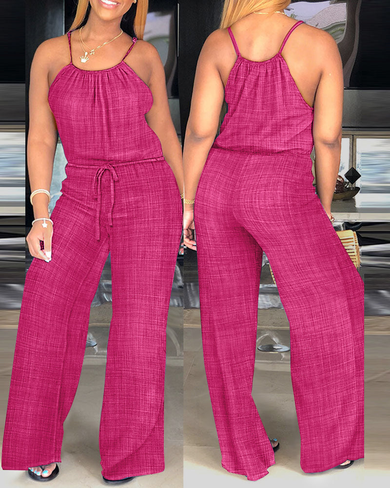 Womens Spaghetti Strap Drawstring Tied Waist Jumpsuit Casual Overalls - Image 19