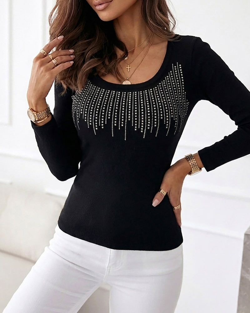 Women's Square Neck Long Sleeve Top Rhinestone Ribbed Knit Shirt Slim Fit Casual Sparkly Tee - Image 3