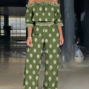 2 Pieces Outfit Stretchy Off Shoulder Half Sleeve Flared Cuffs Stretchy Hem Top and High Waist Elastic Back Waist Wide Leg Pants Set Casual Vintage Print Vacation Set