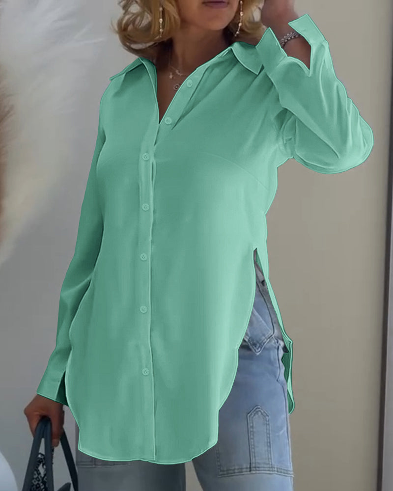Turn-down Collar Roll Up Sleeve Button Front Shirt Casual Side Slit Curved Hem Top - Image 6
