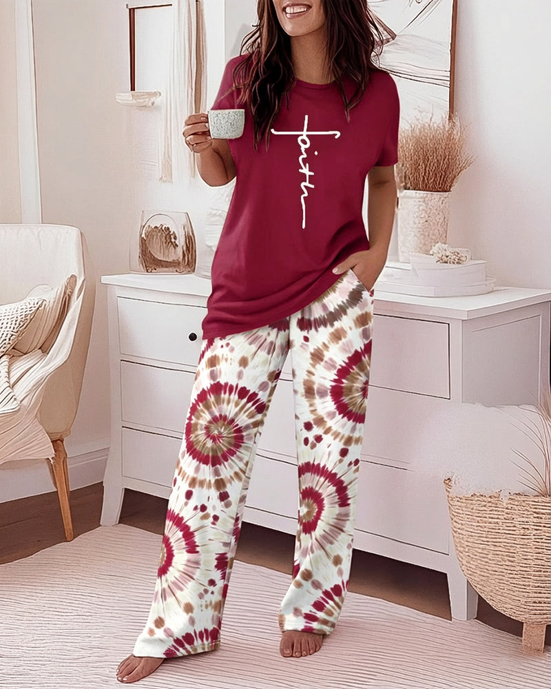 2 Pieces Outfit Faith Letter Print Short Sleeve Top and Tie Dye Print Elastic Waist Pants Set Casual Pajamas Set - Image 4