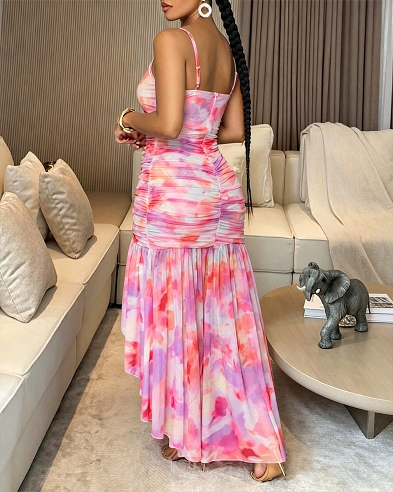 Women's Tie Dye Mesh Cami Dress Square Neck Asymmetric Ruffle Hem Slit Maxi Dress - Image 2