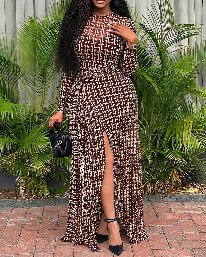Geometric Print Long Sleeve Waist Tied Detail Maxi Dress Casual Slim Fit Slit Vacation Dress - Image 5