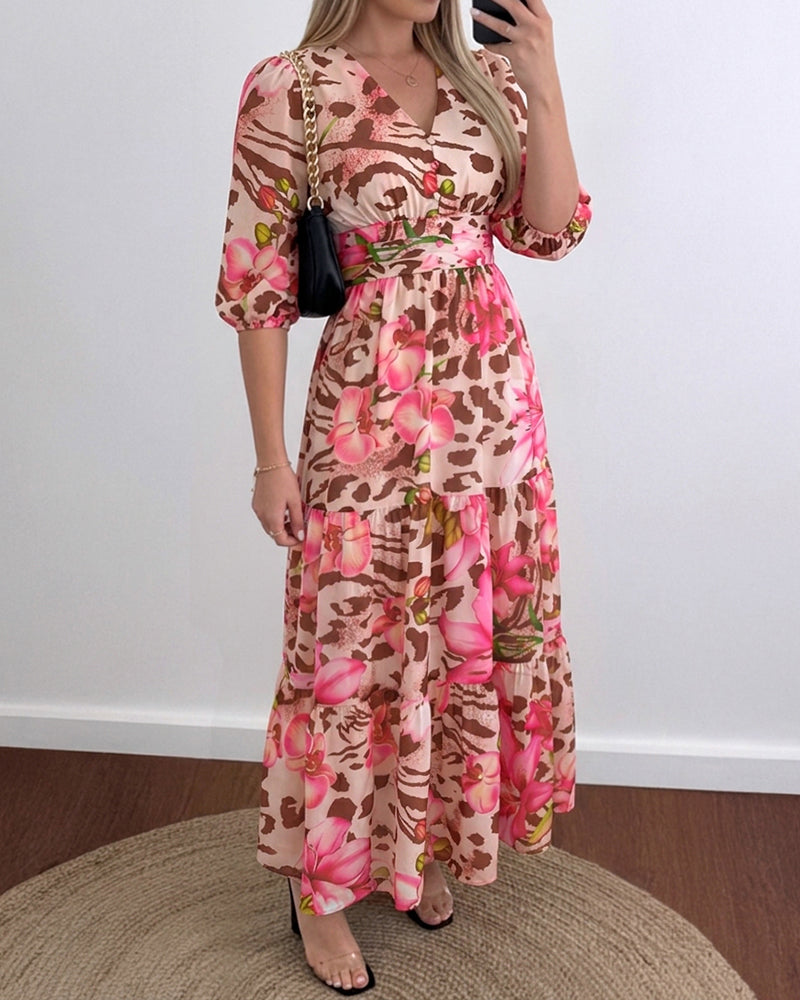 Women's Leopard Floral Print Dress V Neck Three Quarters Sleeve Ruffle Hem Dress Shirred Back A-Line Maxi Vacation Dress - Image 4