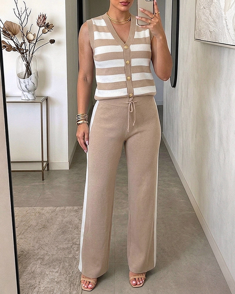 Women's 2 Piece Knit Outfits Striped V Neck Sleeveless Top and Side Stripe Straight Leg Pants Set Casual Loungewear - Image 3