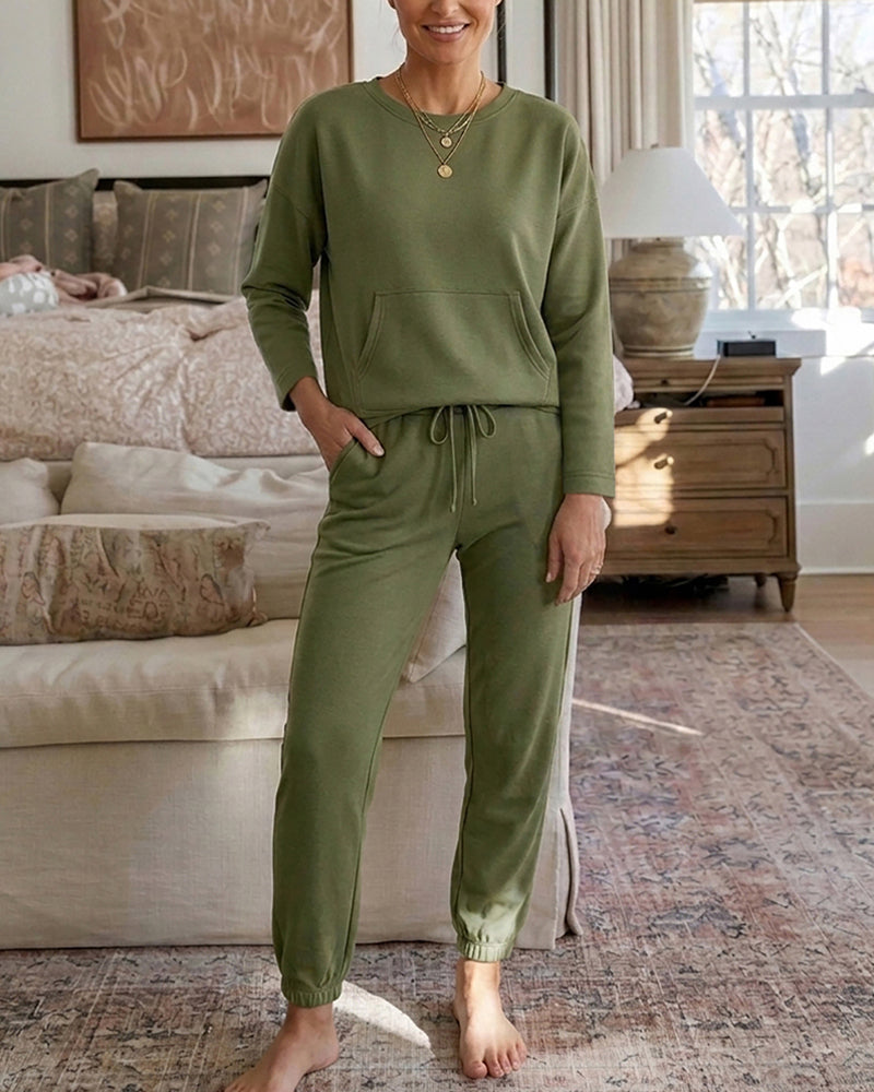 Women's 2 Piece Sweatsuit Set Crewneck Drop Shoulder Sweatshirt and High Waisted Drawstring Joggers Casual Lounge Set - Image 3