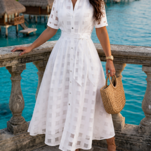 Women's Sheer Plaid Maxi Dress Short Sleeve Double Layer Swing Vacation Dress Elegant Flowy A Line Dress with Belt