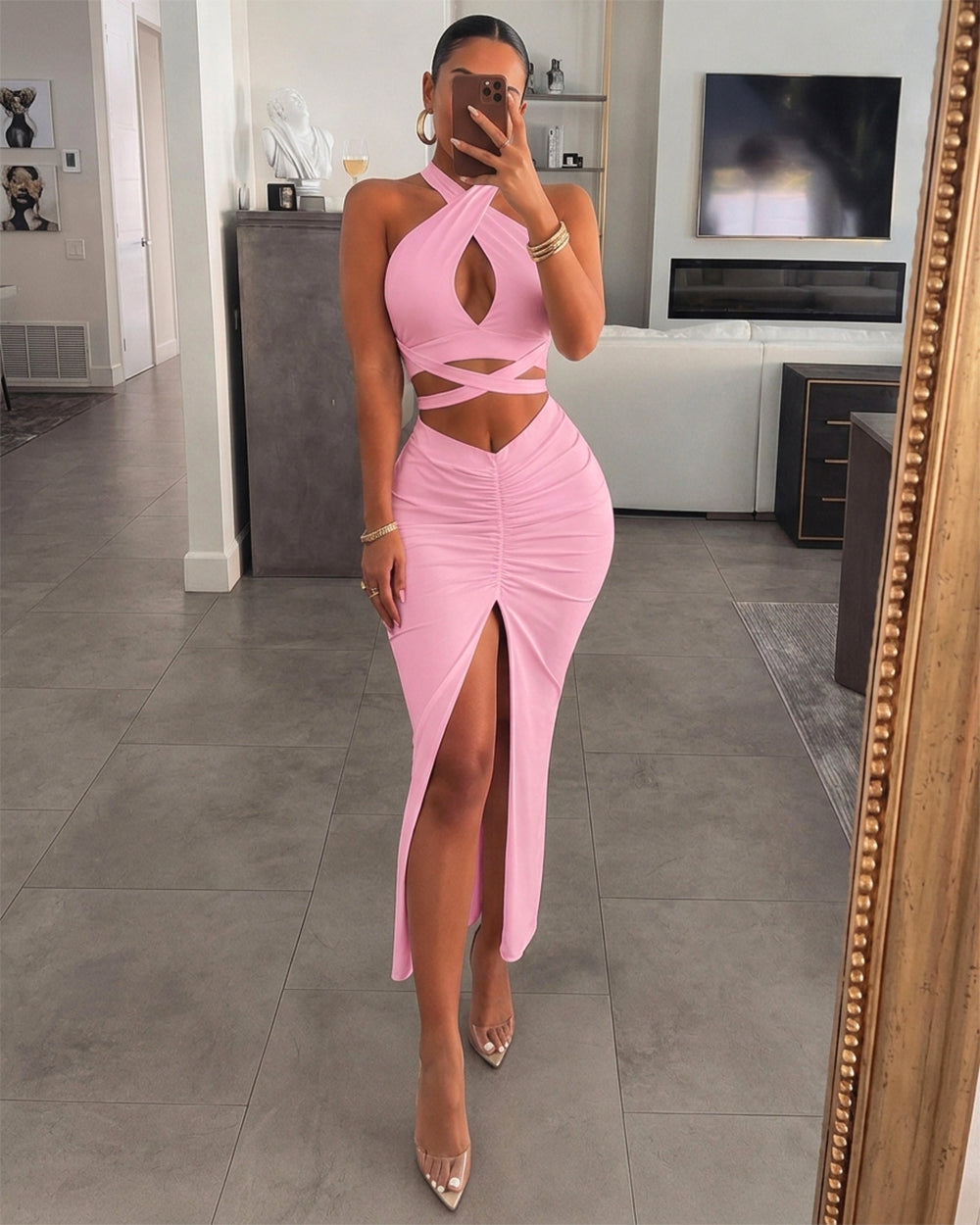 Women's Two Piece Set Criss Cross Halter Backless Crop Top and High Slit Ruched Skirt Sexy Matching Set - Image 19