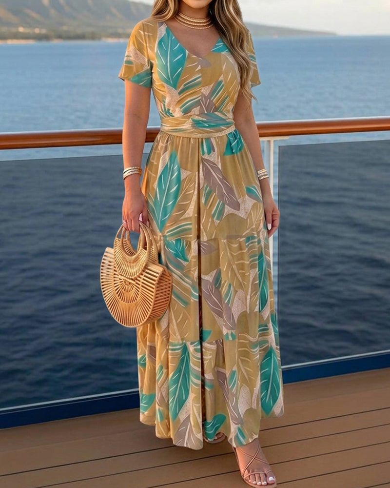 Plants Print V-Neck Short Sleeve Tie Waist Maxi Dress Casual Cinched Waist Ruffle Hem Vacation Dress - Image 4