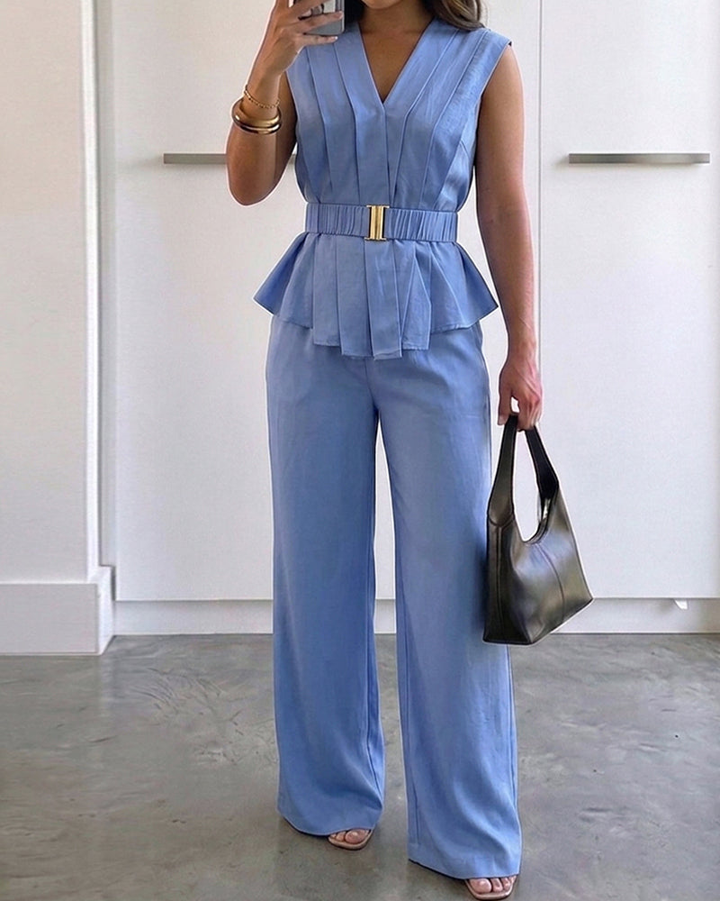 2 Pieces Outfit Pleated Design Deep V-Neck Sleeveless Asymmetrical Hem Top and Casual Elastic Waist Wide Leg Pants Set with Detachable Belt - Image 3