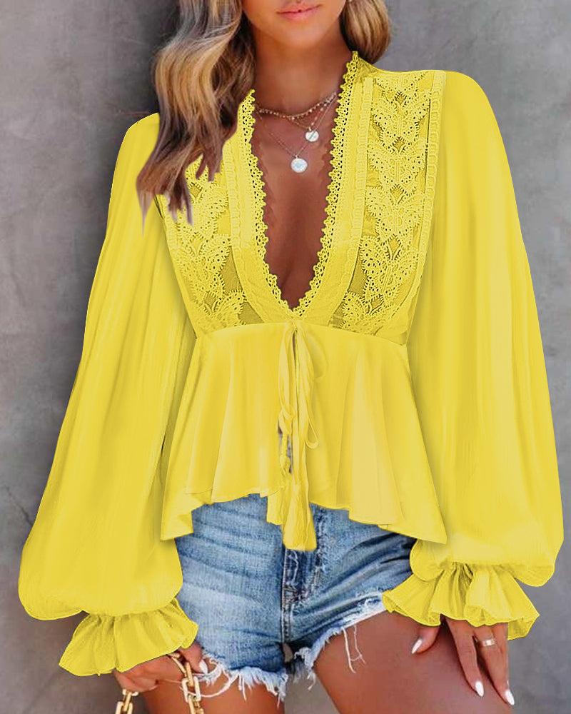 Butterfly Pattern Decor Deep V Neck Long Sleeve Blouse Casual Tie Front Flared Cuffs Lace Trim A-Line Hem Top - Image 6