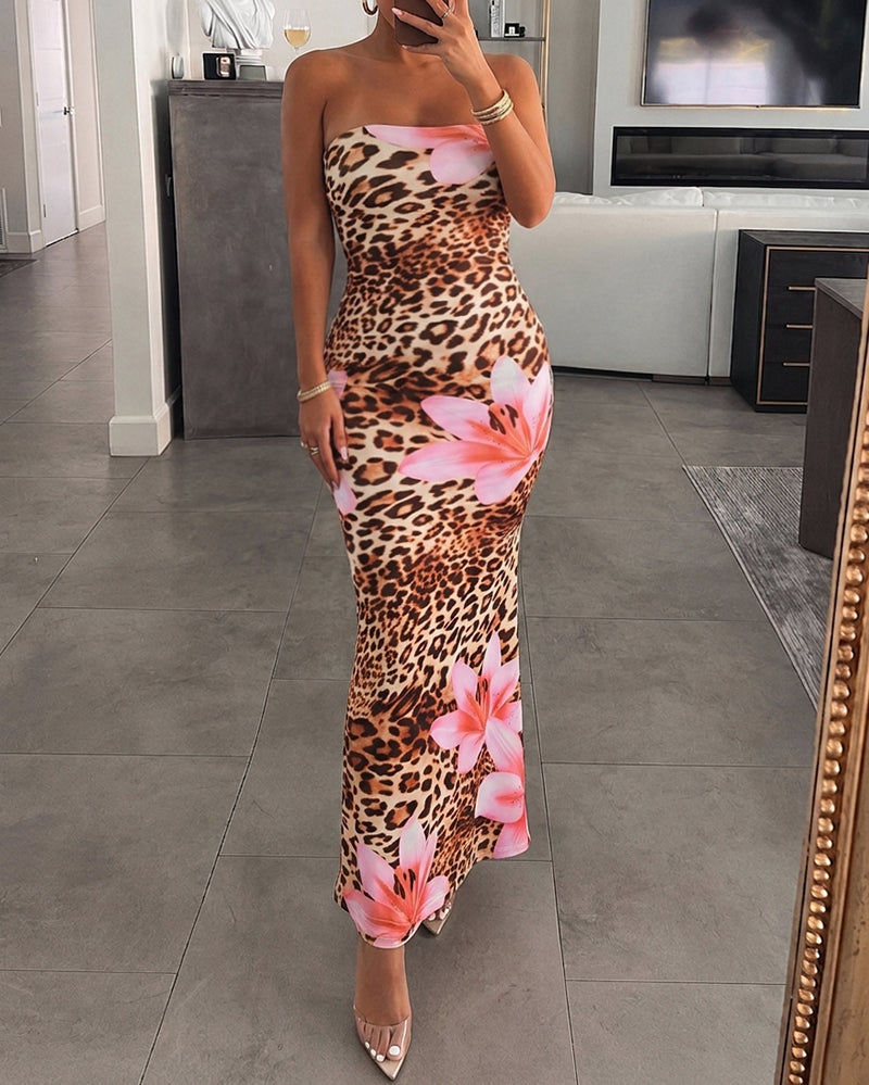 Women's Strapless Leopard Floral Print Mermaid Dress Sleeveless Bodycon Maxi Dress Tropical Vacation Party Gown - Image 3