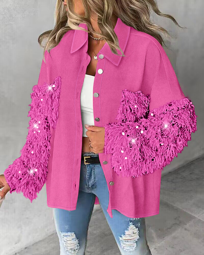 Contrast Sequin Turn-down Collar Long Sleeve Tassel Design Fuzzy Shacket with Pocket - Image 4