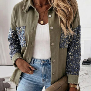 Women's Sequin Patchwork Denim Jacket Raw Hem Button Down Coat Long Sleeve Shacket with Pockets