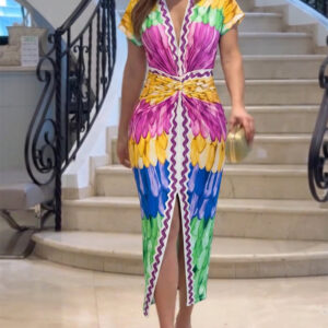 Multi-color Print Deep V-Neck Front Slit Dress Casual Twist Front Cinched Waist Vacation Dress