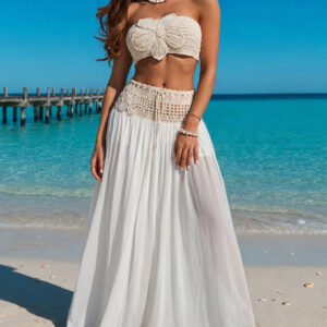Women's Floral Crochet Two Piece Outfit Tube Top and Drawstring Sheer Maxi Skirt Set with Shorts