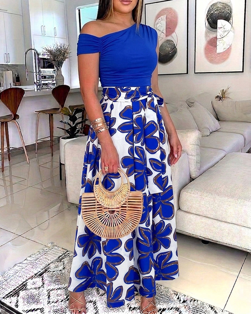 Women's 2 Piece Skirt Set Skew Neck Ruched Slim Fit Top and High Waisted Floral Print A Line Skirt with Pockets - Image 6