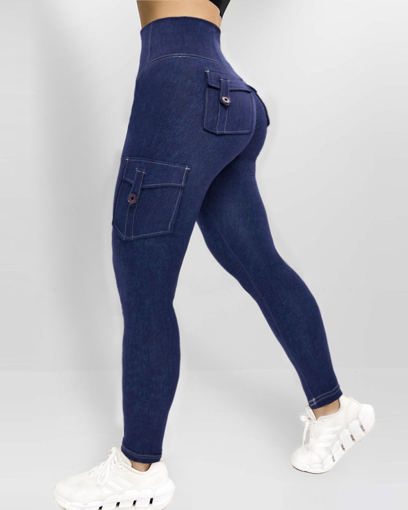 High Waist Tummy Control Butt Lifting Denim Look Leggings Stretchy Yoga Pants with Flap Pockets - Image 3