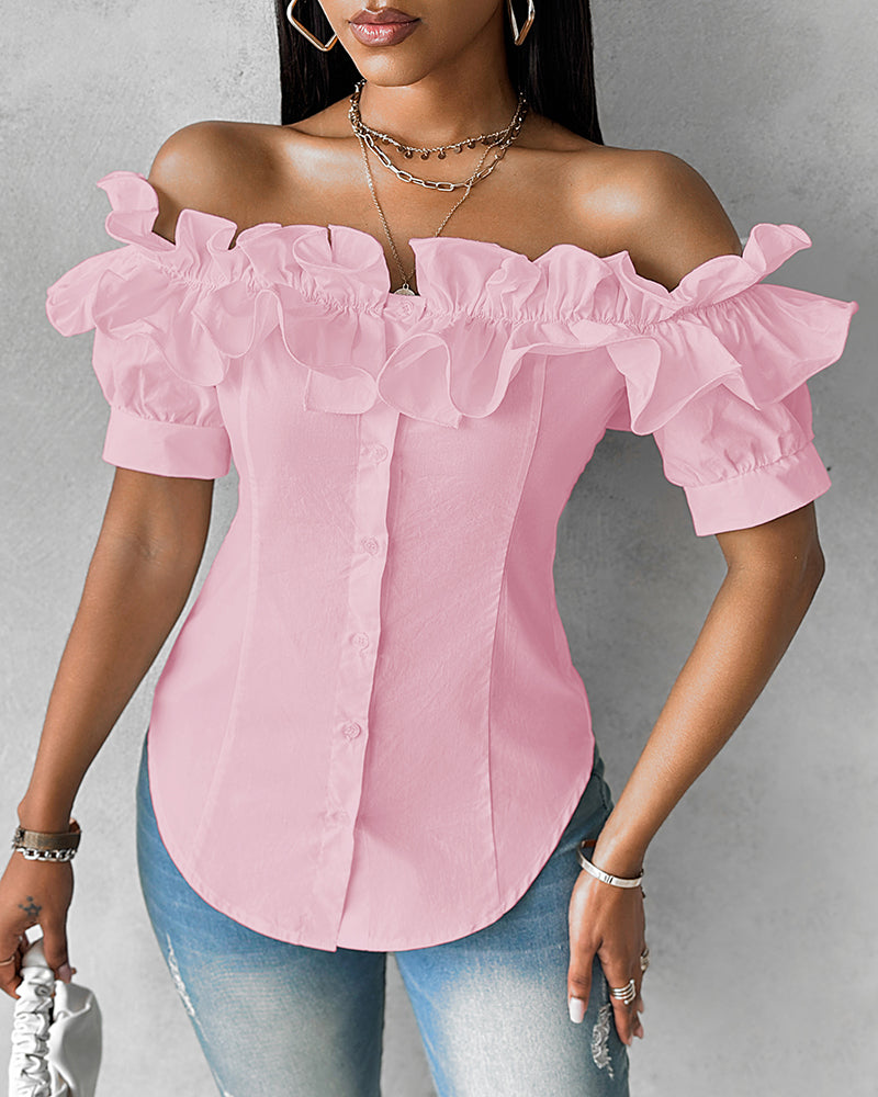 Ruffles Off Shoulder Short Sleeve Button Front Blouse Asymmetrical Hem Top - Image 8