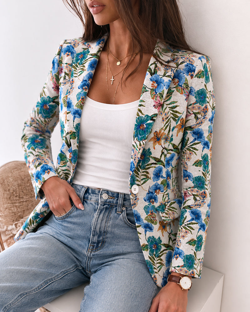 Women's Vintage Floral Jacquard Blazer Elegant Single Breasted Lapel Collar Coat - Image 5