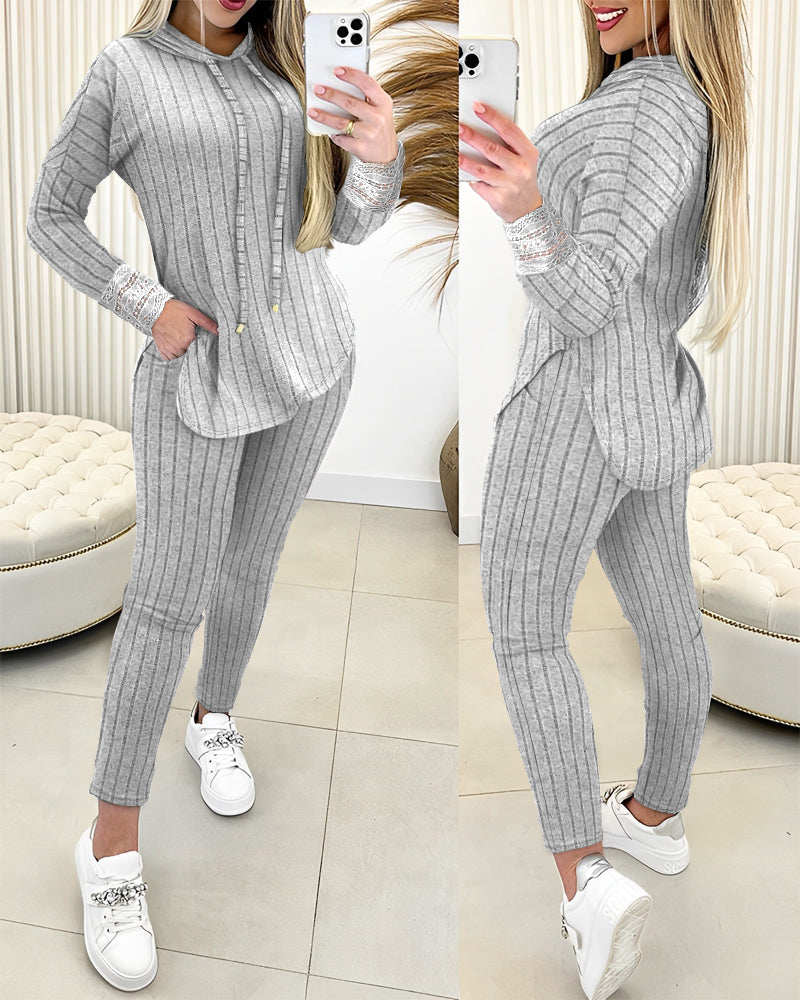 2 Pieces Outfit Drop Shoulder Lace Cuffs Asymmetrical Hem Drawstring Hoodie Top and Elastic Waist Slim Fit Pants Set Casual Brushed Ribbed Set - Image 9