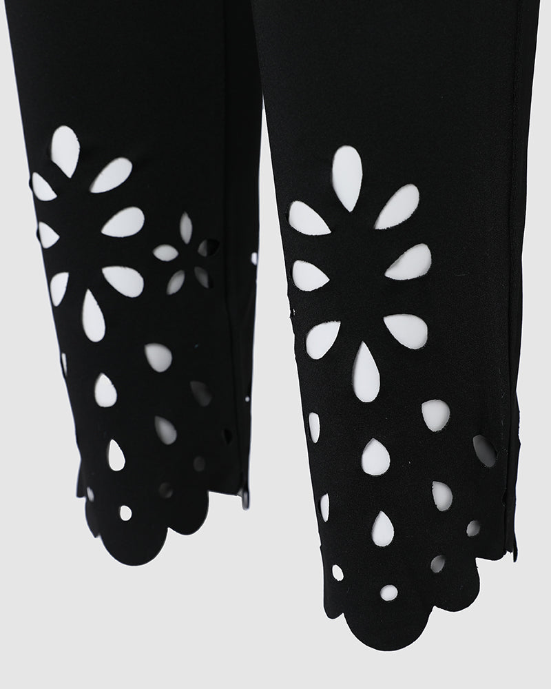 Floral Hollow Out Asymmetrical Hem Elastic Waist Skinny Pants - Image 5