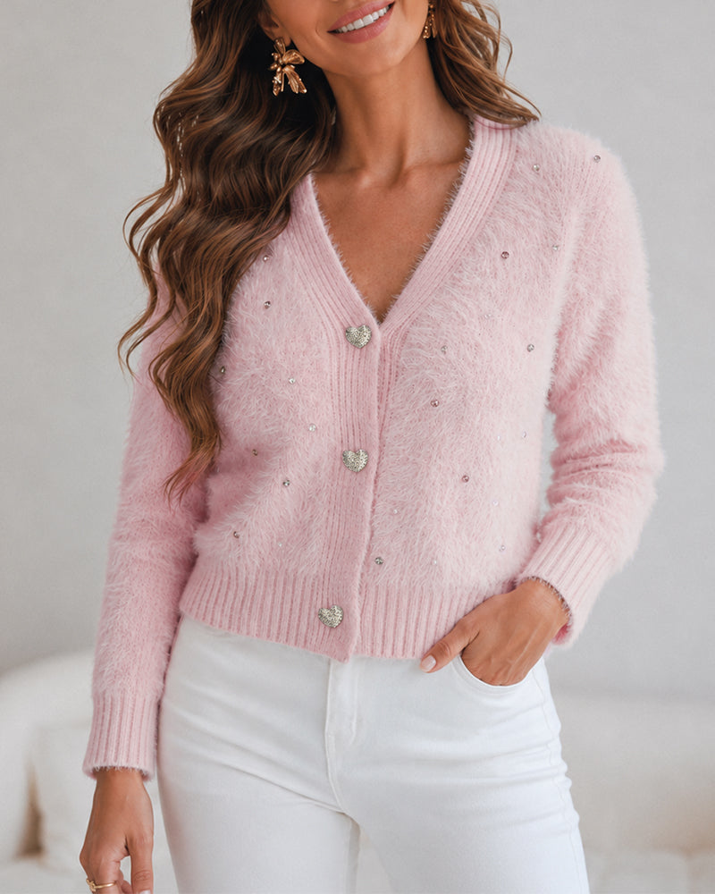 Women's Faux Mink Fur Knit Cardigan Elegant Pearl Rhinestone V Neck Sweater Crop Single Breasted Coat - Image 5