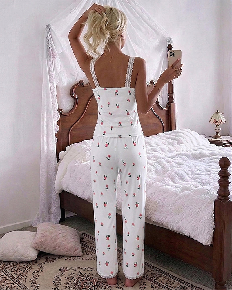 Women's Ditsy Floral Print 2 Piece Pajamas Set Lace Cami Top and Pants Casual Loungewear Bowknot Sleepwear - Image 2