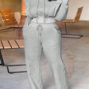 2 Pieces Outfit Long Sleeve Crop Drawstring Hoodie Sweatshirt With Thumb Hole Cuffs And Casual Drawstring Elastic Waist Wide Leg Sweatpants Set