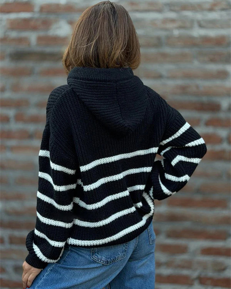 Women's Striped Henley Drawstring Hooded Sweater Loose Fit Lantern Sleeve Knit Pullover - Image 12