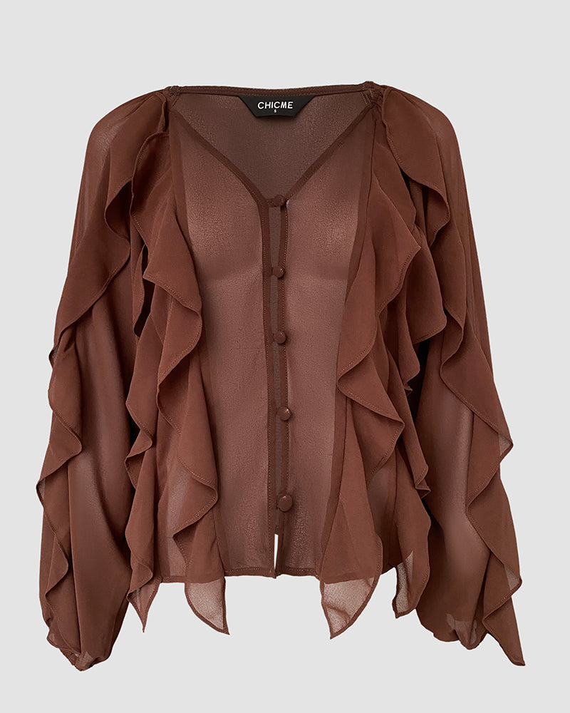 V Neck Shoulder Ruffles Design Blouse Casual Button Front Long Sleeve Top - Image 7