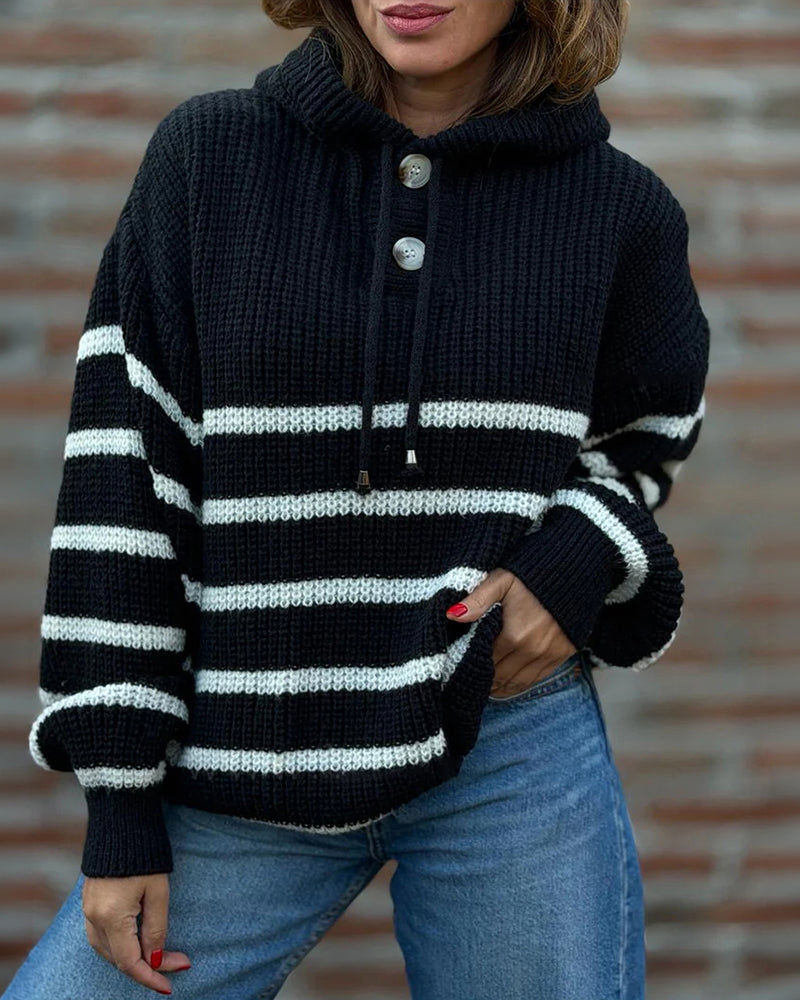 Women's Striped Henley Drawstring Hooded Sweater Loose Fit Lantern Sleeve Knit Pullover - Image 11