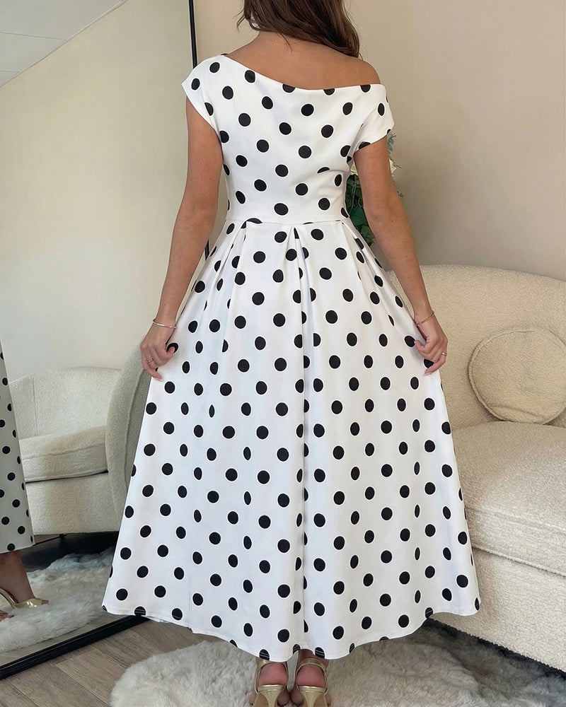 Women's Skew Neck Polka Dot Maxi Dress Ruched A-Line Swing Dress Elegant Party Cocktail Dress with Pockets - Image 2