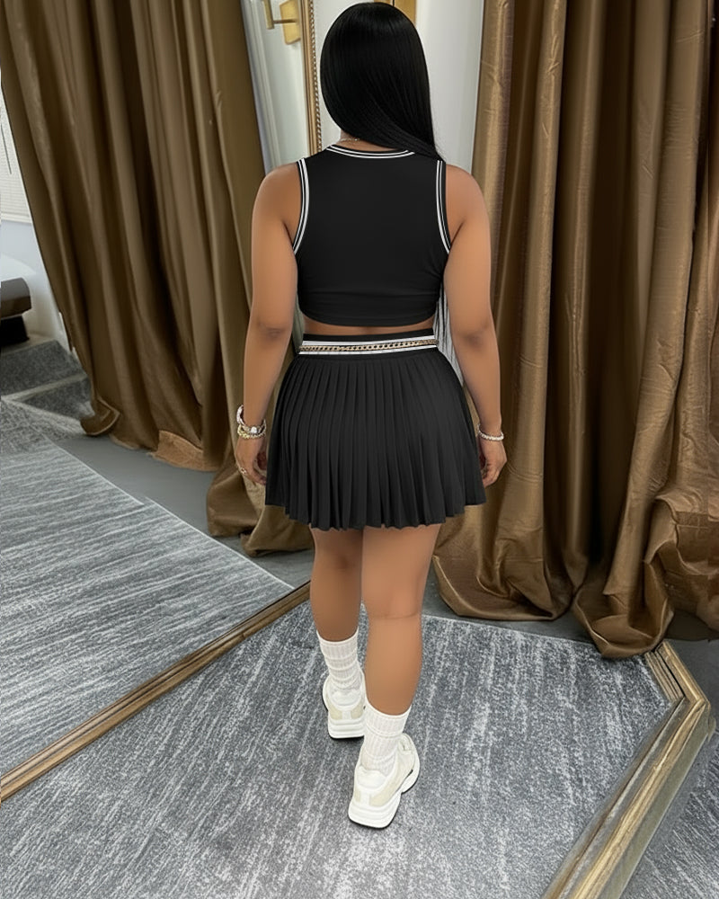 2 Pieces Outfit Round Neck Sleeveless Crop Tank Top and Elastic Waist Pleated Mini Skirt Set Casual Contrast Paneled Set - Image 2