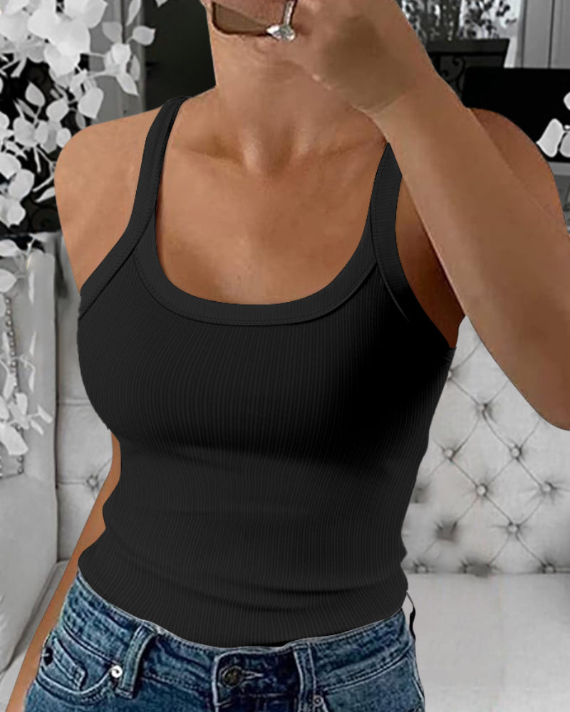 Scoop Neck Spaghetti Strap Ribbed Top Casual Sleeveless Slim Fit Tank - Image 8