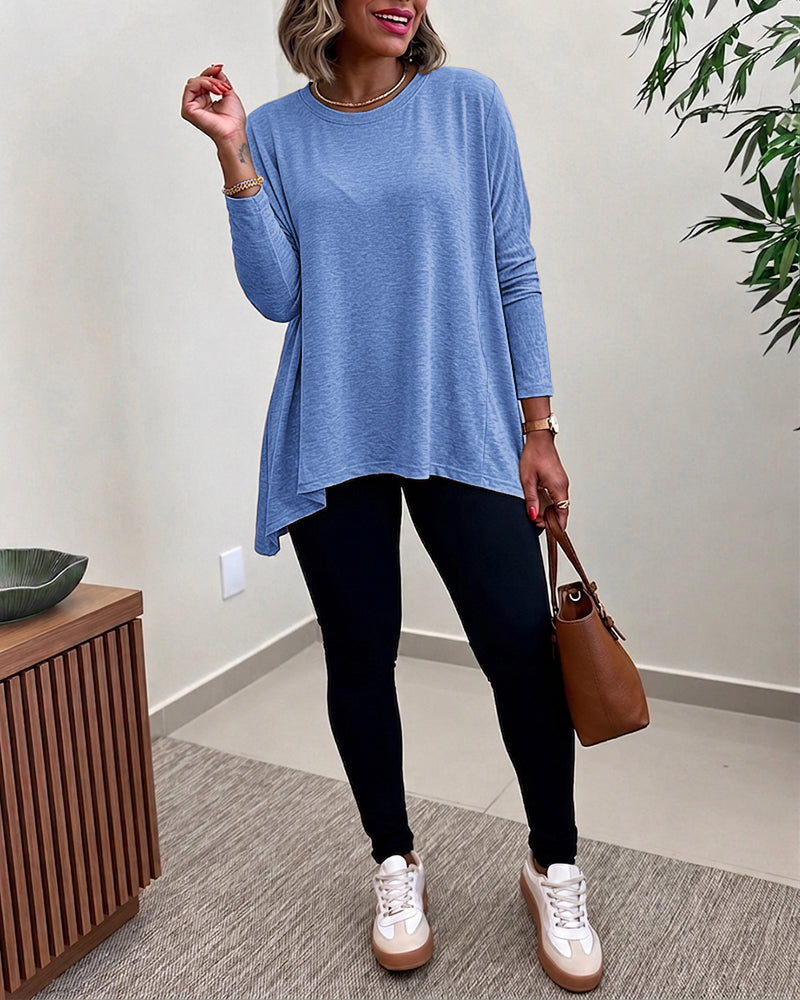 Women's Asymmetric Hem Long Sleeve Top Loose Fit Dropped Shoulder Crewneck Soft Slouchy Casual Tee - Image 20