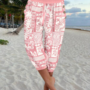 Plants Print Low Waist Wooden Button Decor Capris Pants Vacation Pants with Pockets