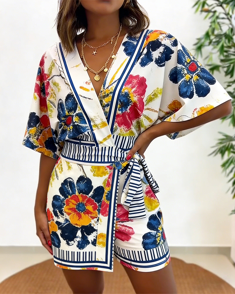 Women's Oil Painting Floral Print Romper V Neck Wrap Knot Side Jumpsuit Half Sleeve Beach Vacation Summer Skorts Romper - Image 4