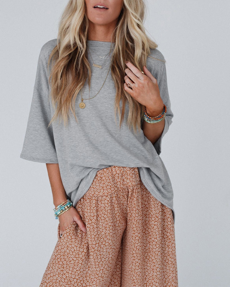 Women's Crewneck Drop Shoulder T-Shirt Back Ruffle Slit Half Sleeve Loose Casual Top - Image 2