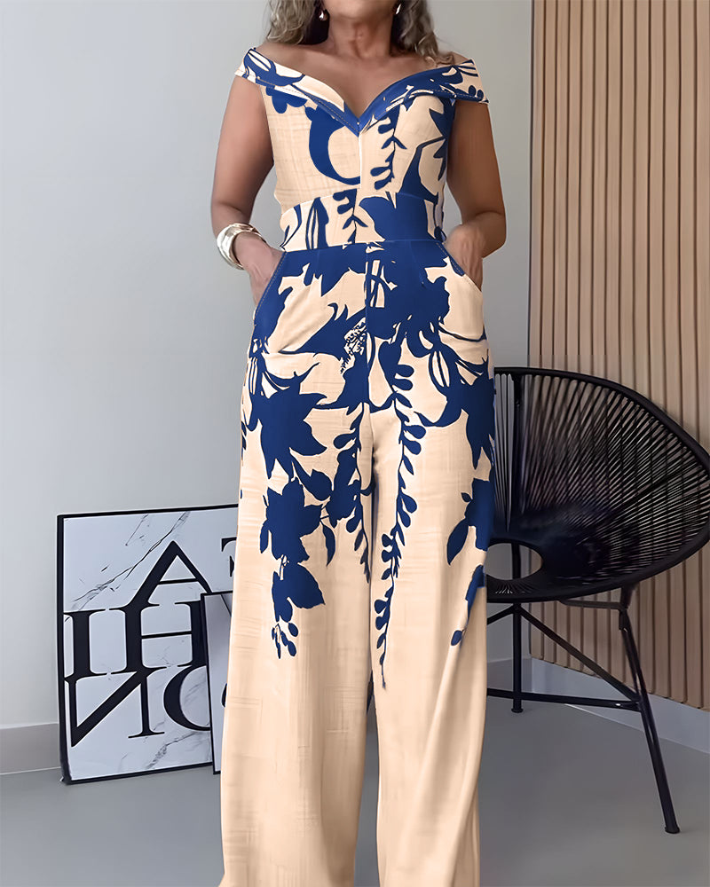 Floral Print Off Shoulder Sleeveless Deep V-Neck Jumpsuit Casual Zipper Side Wide Leg Jumpsuit - Image 4