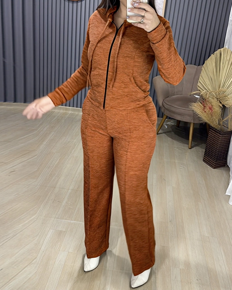 2 Pieces Outfit Long Sleeve Zip Up Drawstring Hoodie Coat and Casual Elastic Waist Seam Front Straight Leg Pants Set - Image 16