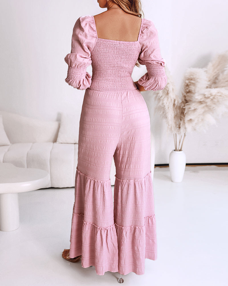 Sweetheart Neck Puff Sleeve Drawstring Front Shirred Overalls Casual Cutout Front Ruffle Hem Wide Leg Jumpsuit - Image 2